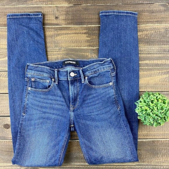 Express Mid Rise Skinny Jeans Size 2 LONG Performance Stretch Dark Wash Jeans